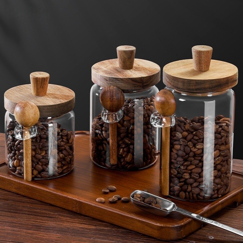 Food Storage Jars With Wooden Lids - ABJI-Glass Jar With Wooden Lids And