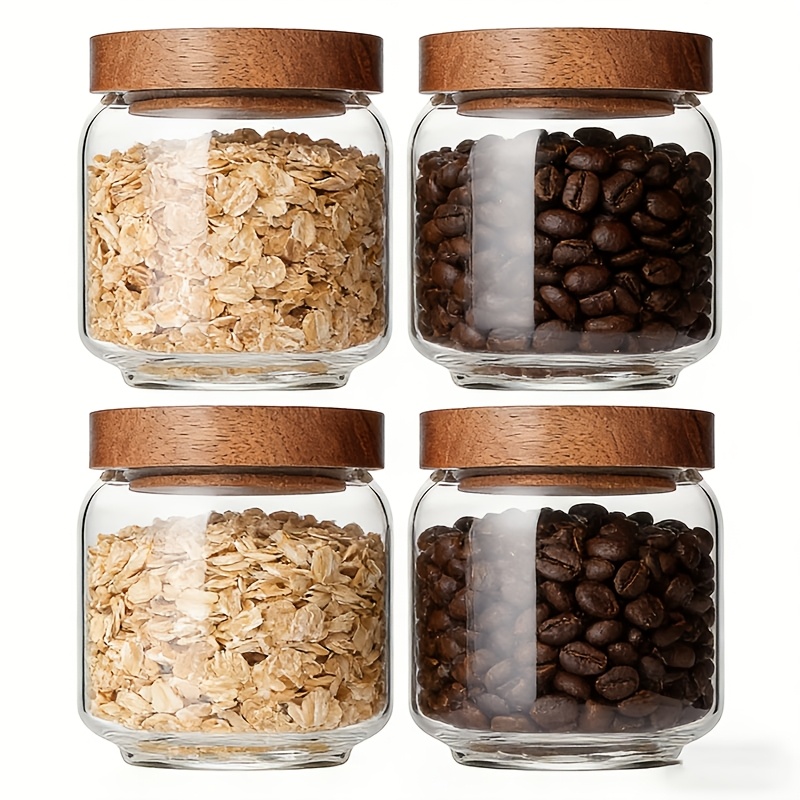 Food Storage Jars With Wooden Lids - 4 Pack 15oz Clear Glass Jars